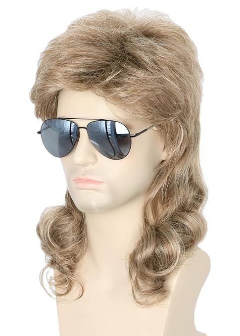 Topcosplay Men's Wig 80s Mullet Wig Light Brown Long Curly Halloween Costumes Party Funny Man Wigs