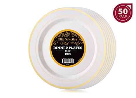 Elite Selection Pack of 50 Dinner Disposable Plastic Party Plates Ivory Cream Color With Gold Rim 10.25-Inch