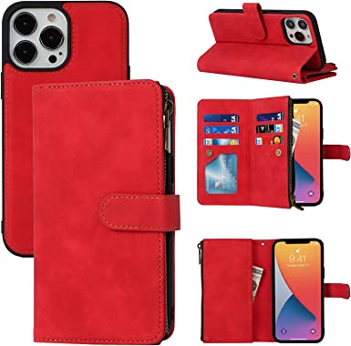 SailorTech Magnetic Detachable 2 in 1 Wallet Phone Case Design for iPhone 13 Pro Max with 6 Card Holder 1 Zipper Coin Wallet 1 Cash Slot Wrist Strap Kickstand for Women Men Red