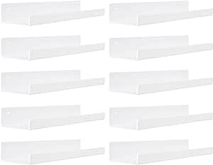 upsimples 10 Pack Acrylic Shelves for Wall Storage, 15" Floating Bookshelves for Kids, Display Shelf Organizer for Bathroom, Bedroom, Living Room, Kitchen, Room Decor, White