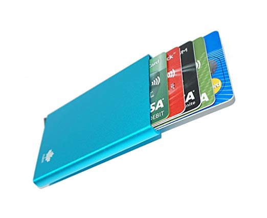 Credit Card Holder RFID Blocking Aluminum Money Clip Pop-up Metal Wallet (Blue)