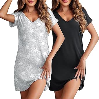 Ekouaer 2 Pack Nightgowns for Women Sleepwear Short Sleeve Sleepshirt V Neck Sleepwear Pajama Dress S-2XL