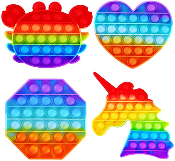 BRIGHT MOON 4PCS Fidget Toy , Push Pop Bubble Sensory Fidget Toy Autism Special Needs Stress Reliever Squeeze Sensory Toys to Alleviate The Bad Mood of People - Rainbow (Crab Love Octagon Animal)