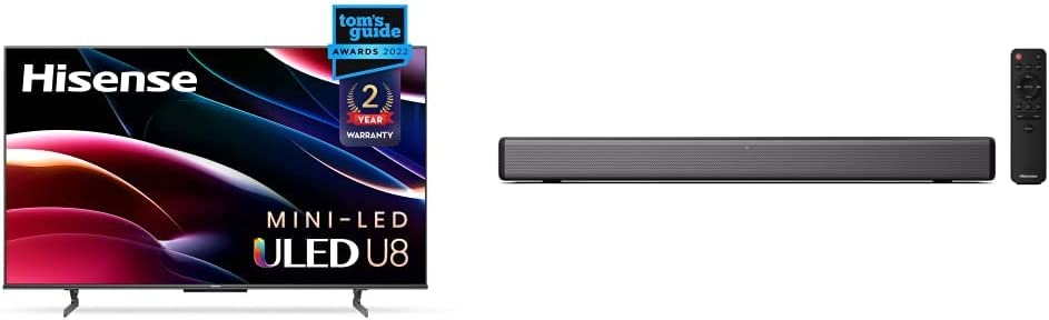 Hisense U8H QLED Series Quantum 4K ULED Mini-LED 55-Inch Class Google Smart TV, 1500-nit HDR10 , and Dolby Vision (55U8H, 2022 Model) & HS214 2.1ch Sound Bar, 108W, All-in-one Compact Design,Black