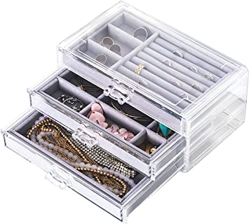 Cq acrylic Jewelry Box for Women with 3 Drawers, Velvet Jewelry Organizer for Earring Bangle Bracelet Necklace and Rings Storage Clear Acrylic Jewelry case,Gray