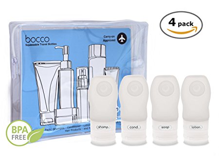 Bocco Leak Proof Squeezable Travel Bottles, TSA Approved Travel Accessories for Carry On Luggage - Perfect for Liquid Toiletries - 4 Pack (All Small 1.25 oz Bottles) (Clear)