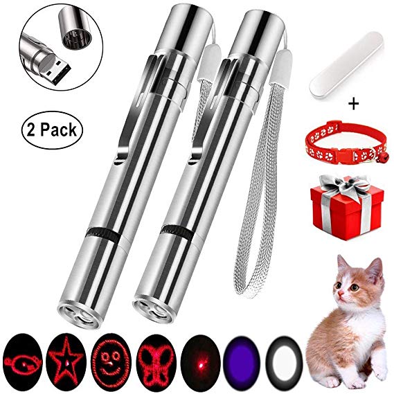 Mesuyoku [2019 Upgraded] Rechargeable Cat Chaser Toy, Interactive Cat Toys Multi Pattern Pet Training Exercise Chaser Tool Cat Light Toy for Cats Dog Toys   A Pet Collar