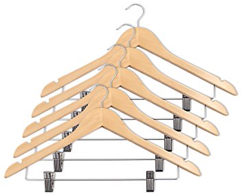 Closet Complete Wood Suit Hanger with Pant/Skirt Clips, Natural, Set of 5