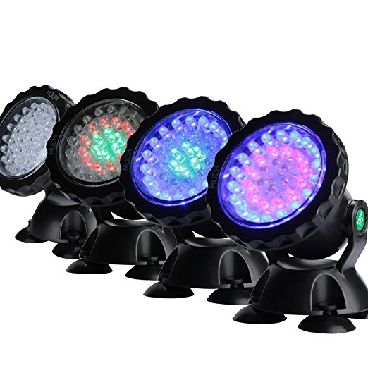 MUCH Pond Lights Submersible Fountain Lights IP68 Underwater Lights 7W 36LED Color Changing Landscape Spot Light for Aquarium Garden Pond Pool Tank (1 set of 4pcs)