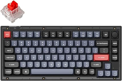 Keychron V1 QMK/VIA Custom Wired Mechanical Keyboard, 75% Layout Programmable Marco with Hot-Swappable K Pro Red Switch, RGB Backlit Keyboard for Mac Windows Linux (Translucent, Knob Version)