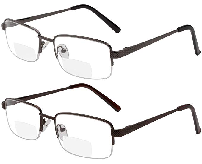 Reading Glasses Set of 2 Bifocal Half Rim Metal Glasses for Reading Quality Spring Hinge Readers Men and Women