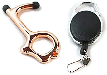 No-Touch Zinc Alloy Door Opener Key with Retractable Reel Safe Touch EDC Keychain to Push Elevator Buttons, ATM, Handles with Double Silicone Tips (Rose Gold)