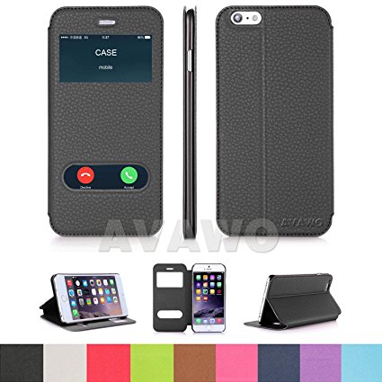 iPhone 6 6S Case, AVAWO Creative Smart Window View Touch Front Flip Cover Ultra Thin Folio Case for iPhone 6 6S 4.7" (Black)