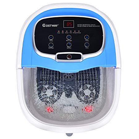 COSTWAY Foot Spa/Bath Massager, with Motorized Rollers, Shiatsu Massage, Shower, Heat, Red Light, Temperature Control, Timer, LED Display, Drainage Pipe for Foot Stress Relief (Blue)