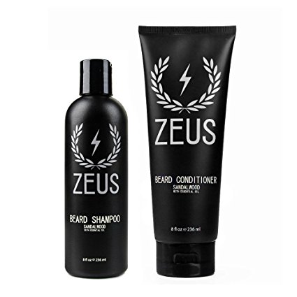 Zeus Beard Shampoo and Beard Conditioner Set for Men - (8 oz. Bottles) (Scent: Sandalwood)