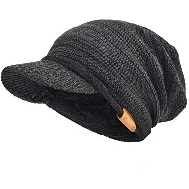 Mens Womens Thick Fleece Lined Knit Newsboy Cap Slouch Beanie Hat with Visor