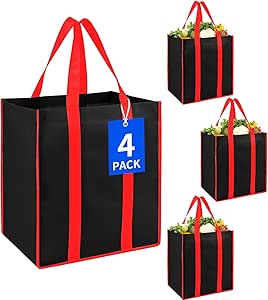 Bodaon 4Pk Collapsible Kitchen Reusable Grocery Bags, the Utility Tote Bag Bulk, Large Folding/Foldable Reusable Shopping Cart for Groceries, Storage Totes Heavy Duty, Shopping Basket (Black)