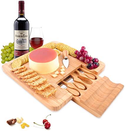 PURENJOY Bamboo Cheese Board Set, Charcuterie Platter & Serving Tray for Wine, Crackers, Brie and Meat, Unique Gift for Christmas, Housewarming, Thanksgiving or Hostess