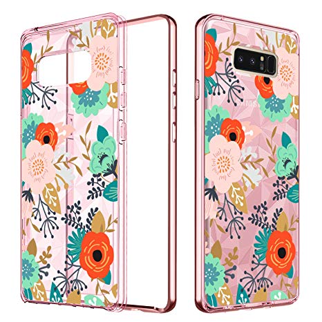 DOMAVER Phone Case Compatible with Galaxy Note 8 Slim Floral Pattern 2 in 1 Hybrid Soft TPU Back Hard Bumper for Samsung Note8 Rose Gold/Pink