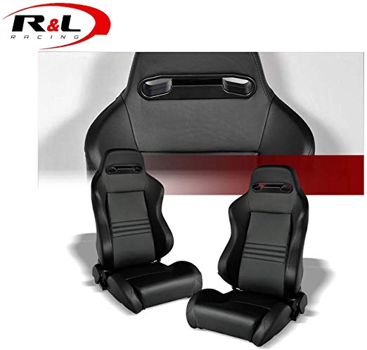 HS Power 2X Universal TR BLK Stitch PVC Leather RECLINABLE Racing Bucket Seats Slider C01