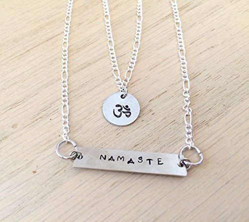 Women's Namaste Yoga Necklace with Hand Stamped Namaste and OM Symbol on Silver Cable Chain