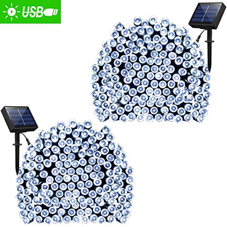 Solar String Lights 72ft 200 LED Fairy Lights, Ambiance lights for Outdoor, Patio, Lawn,Garden, Home, Wedding, Holiday, Christmas, Xmas Tree decoration,waterproof/Timer/USB Charge (Cool White 2 Pack)