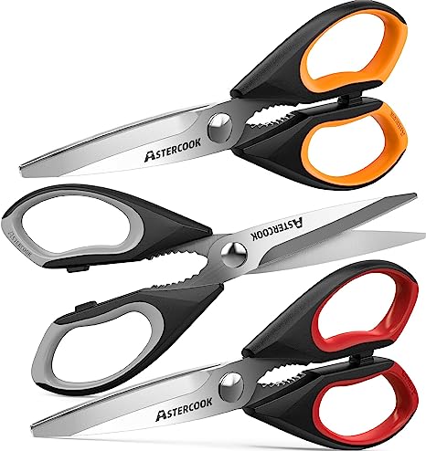 Astercook Kitchen Shears, Kitchen Scissors Heavy Duty Serrated Blade, PP TPR Handle Shears, Ideal for Poultry, Herbs, Vegetables, Durable and Ergonomic Design (Black Red, Black Orange, Black Grey)