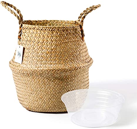 POTEY 710102 Seagrass Plant Basket - Hand Woven Belly Basket with Handles, Large Storage Laundry, Picnic, Plant Pot Cover, Home Decor and Woven Straw Beach Bag (Large, Original)