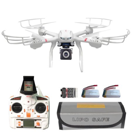 Goldenwide MJX X101 FPV RC Quadcopter Drone With HD Camera Wi-Fi Real Time Transmission (Extra: 7.4V 1200mAh battery, Explosion-proof Battery Safe Bag, LiPo Voltage Checker   Warning Buzzer) White