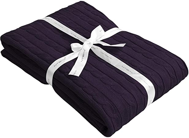 NTBAY Cotton Cable Knit Throw, Super Soft Warm Multi Color Blanket, 51 x 67 Inches, Eggplant Purple