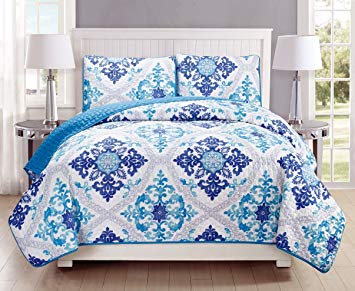 3-Piece Fine printed Quilt Set Reversible Bedspread Coverlet (California) CAL KING SIZE Bed Cover (Turquoise, Blue, White, Grey, Navy)