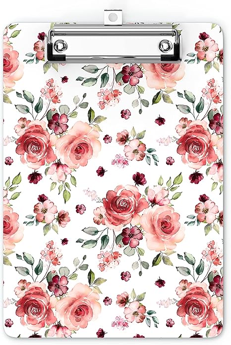 Mini Cute Clipboard Wood Hardboard Lightweight, A5 Size Durable Writing Pad with Retractable Key Hole for Hanging - Rose Floral（9" x 6.3"）