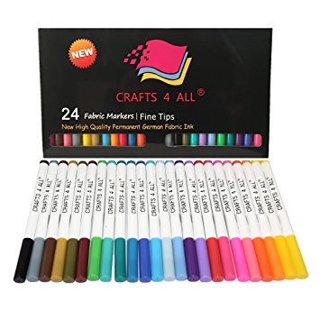 Fabric Markers Permanent Art Markers 24 SET Premium Quality Fine Tip MINIMAL BLEED fabric pens By Crafts 4 ALL .Child safe & non-toxic.