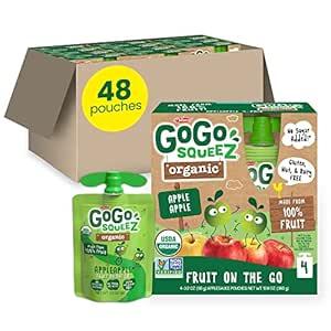 GoGo squeeZ Fruit on the Go Organic, Apple Apple, 3.2 oz (Pack of 48), Unsweetened Organic Fruit Snacks for Kids, Gluten Free, Nut Free and Dairy Free, Recloseable Cap, BPA Free Pouches