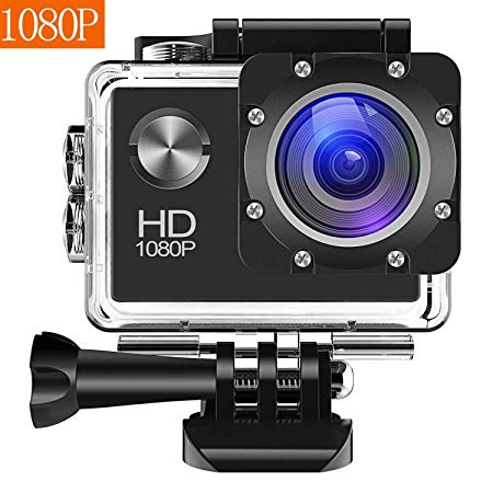 Bekhic Action Camera 12MP Full HD 1080P Waterproof Action Cam 30M Diving Underwater Camera 10 Mounting Accessories, 140 Degree Wide Angle, IP68 Waterproof Case 1050mAh Rechargeable
