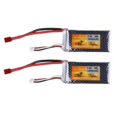 FLOUREON 2 Packs 2S 7.4V 1500mAh 35C Lipo Battery Pack with T Plug for RC Car Truck Truggy RC Hobby