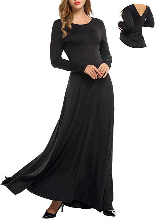 ACEVOG Women's Long Sleeve Backless Swing Evening Party Maxi Dress with Belt