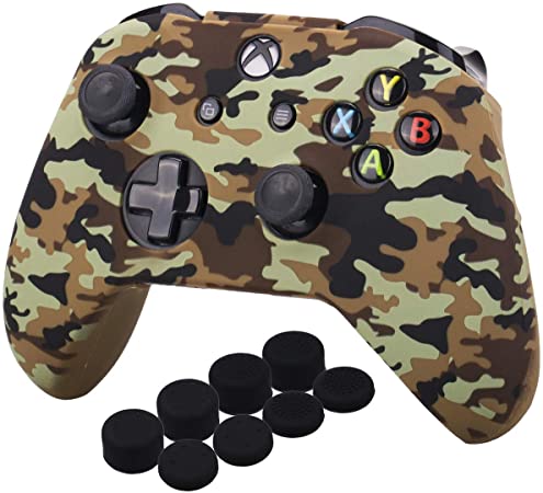 YoRHa Water Transfer Printing Camouflage Silicone Cover Skin Case for Microsoft Xbox One X & Xbox One S Controller x 1(Desert) with PRO Thumb Grips x 8