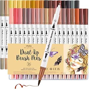 36 Color Brush Markers for Adult Coloring: Ohuhu Skin Tone Marker Pens Set Dual Tip Brush and Fineliner Water Based Art Markers Pen for Note Taking Drawing Lettering Writing Calligraphy Journaling