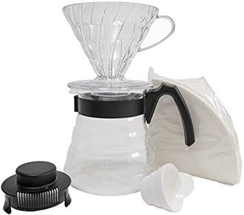 Hario Set with Dripper, Glass Server Scoop and Filters, Size 02, Craft Coffee Maker, Black