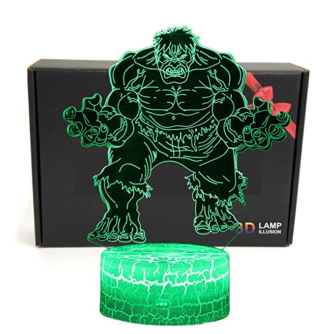 LED Superhero 3D Optical Illusion Smart 7 Colors Night Light Table Lamp with USB Power Cable (The Hulk)