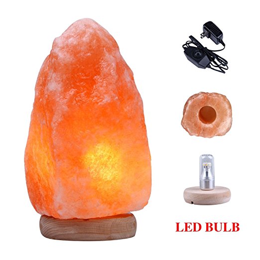 Himalayan Pink Salt Lamp 7-12 lbs, 7-10 Inches with 7w Warm LED Bulb,Solid Wooden Base, Dimmer A/C Adapter Cord, Decorative Air-Purifier Rock Crystal Salt, Hand-Carved All Natural Safe for 24/7
