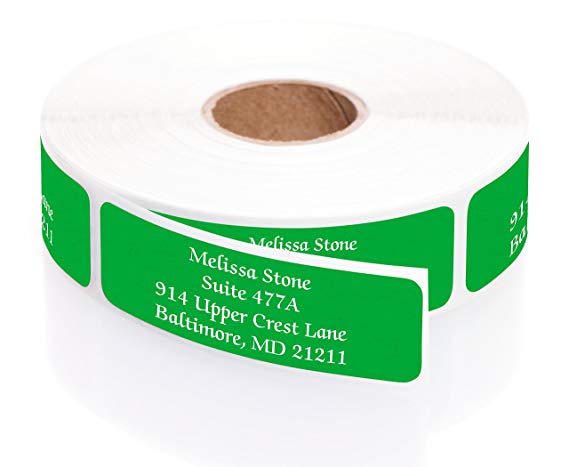 Green Colored Personalized Address Labels with White Print and Elegant Plastic Dispenser - Roll of 250