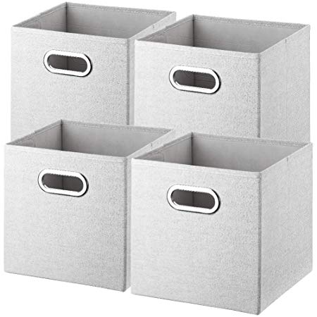 MEETMISS 10.5" 4-Cube Storage Bins-No Smell Polyester-Cotton Fabric Foldable Organizer Boxes Containers with Stainless Steel Handle Baskets for Shelf Closets Grey