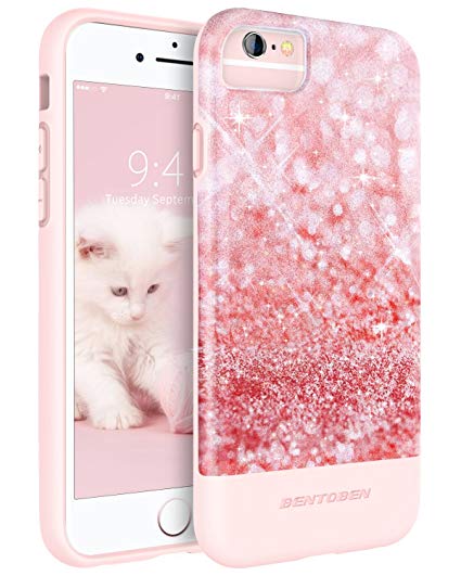 iPhone 6S Case, iPhone 6 Case Glitter, BENTOBEN Luxury Glitter Bling Sparkly Shockproof Flexible TPU Hard PC Cute Protective Girl Phone Case for iPhone 6 6S (4.7"), Pink Glitter/Rose Gold