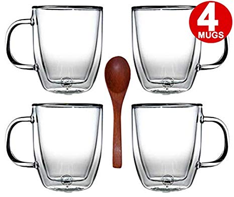 Bodum Bistro Double Wall Glass, Espresso Coffee Cups Mugs - 0.15 Liter, 5-Ounces, Clear (Set of 4 Glasses) & Zonoz Wooden Small Stirring Spoon Bundle