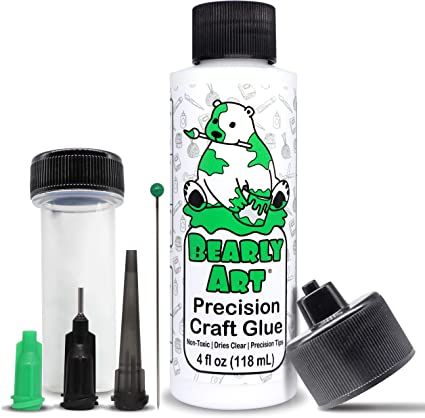 Bearly Art Precision Craft Glue 4fl oz- Dries Clear - Multiple Size Tips Included - Non-Toxic - Metal Tip - Wrinkle Resistant - Flexible and Crack Resistant - Strong Hold Adhesive - Made in USA