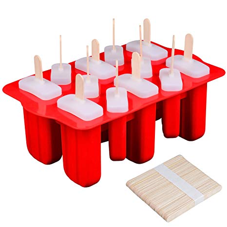 SJ Ice Popsicle Molds Silicone Handmade Fruit Juice Milk Coffee Ice Pop Molds Ice Cream Set with 50 Pcs Wooden Sticks for Kids and Adults, BPA Free(Red)