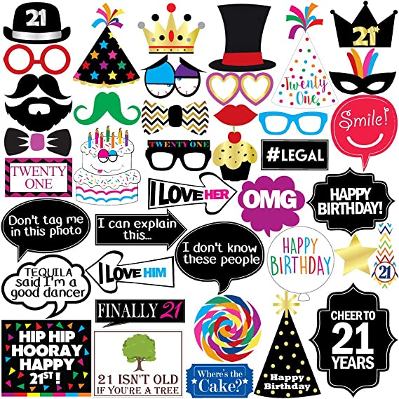 21st Birthday Photo Booth Party Props - 40 Pieces - Funny 21st Birthday Party Supplies, Decorations and Favors