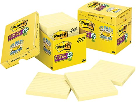 Post-it Super Sticky Notes, 4x4 in, 12 Pads, 2x the Sticking Power, Canary Yellow, Recyclable (675-12SSCP)